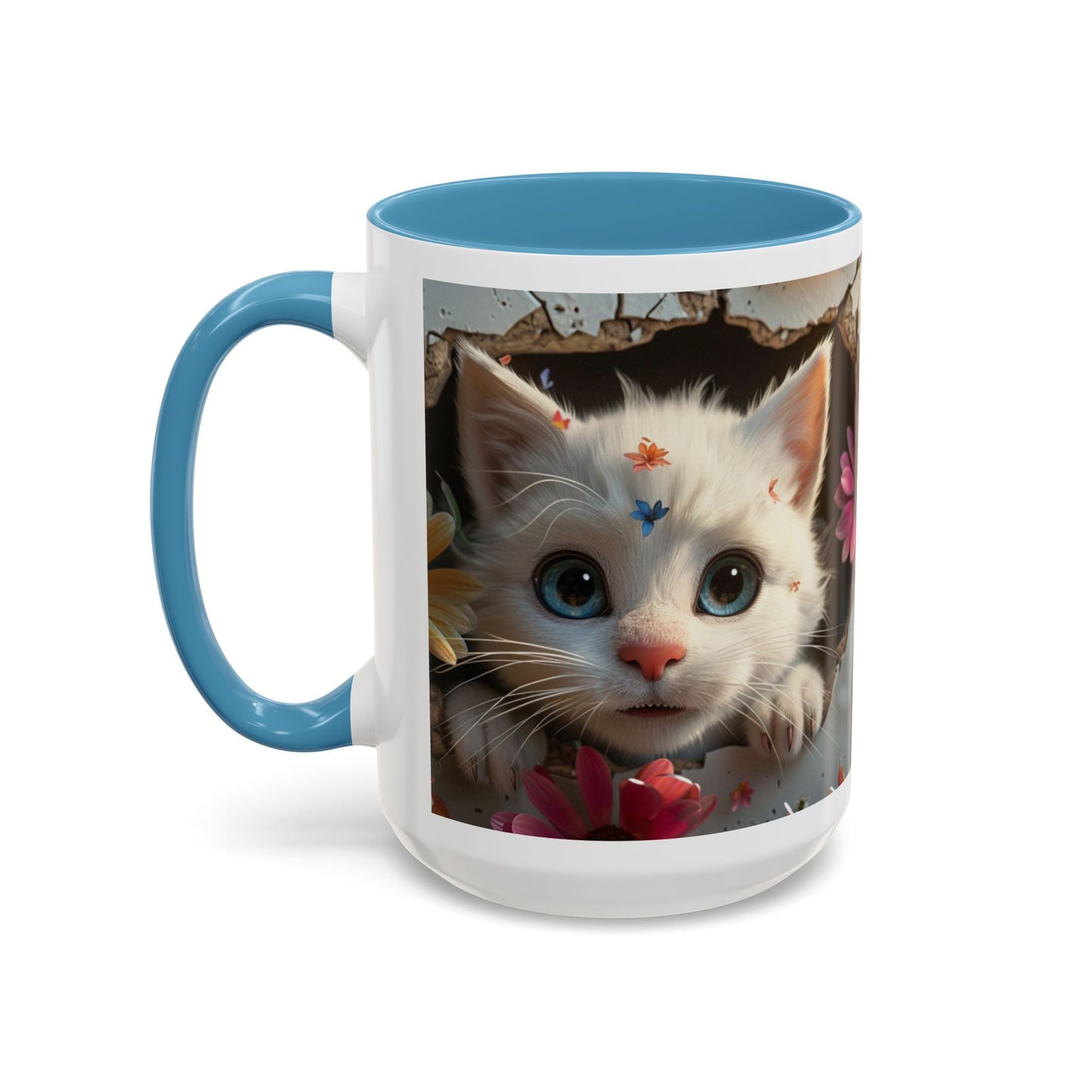 Cute White Kitten Coffee Mug – Floral Accent 11/15oz