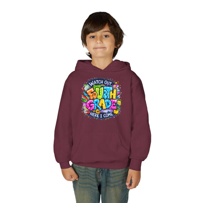 Fourth Grade Hoodie - "Watch Out Fourth Grade Here I Come" Colorful Back-to-School Kids Sweatshirt