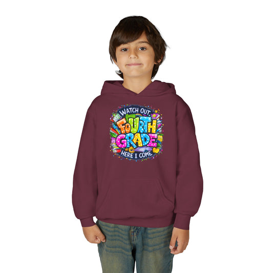 Fourth Grade Hoodie - "Watch Out Fourth Grade Here I Come" Colorful Back-to-School Kids Sweatshirt
