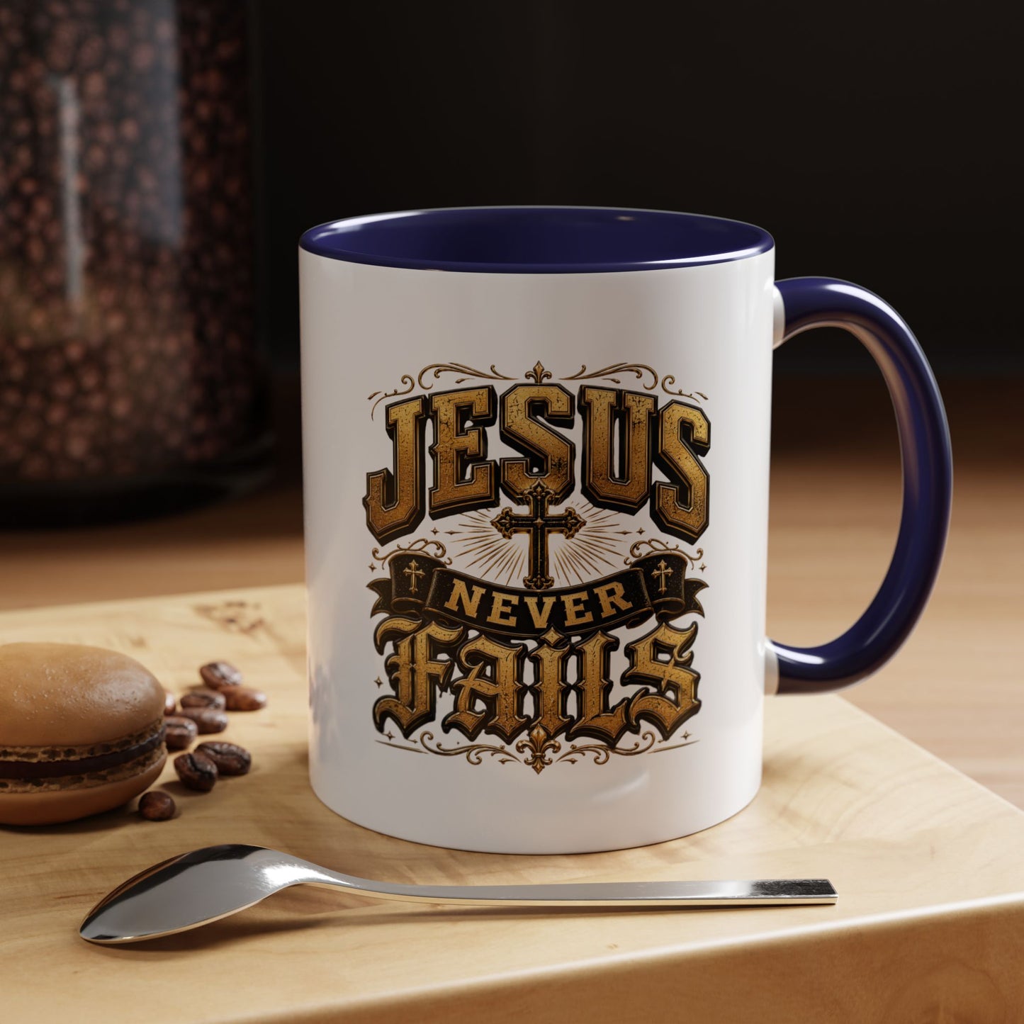 Jesus Never Fails Accent Coffee Mug — Inspirational Christian Faith 11/15oz