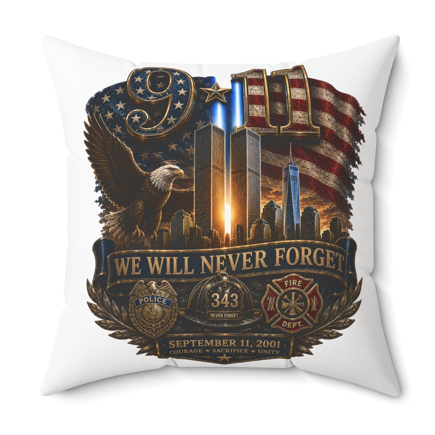 9/11 Memorial Square Pillow — "We Will Never Forget" Tribute