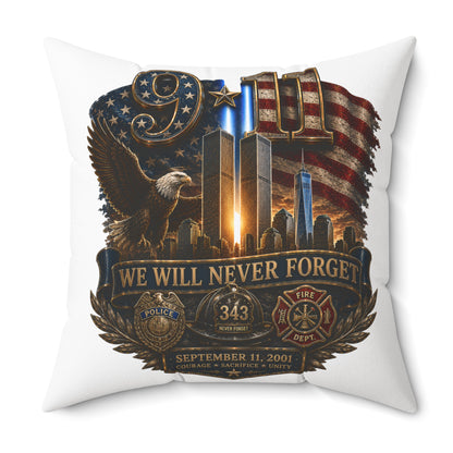 9/11 Memorial Square Pillow — "We Will Never Forget" Tribute