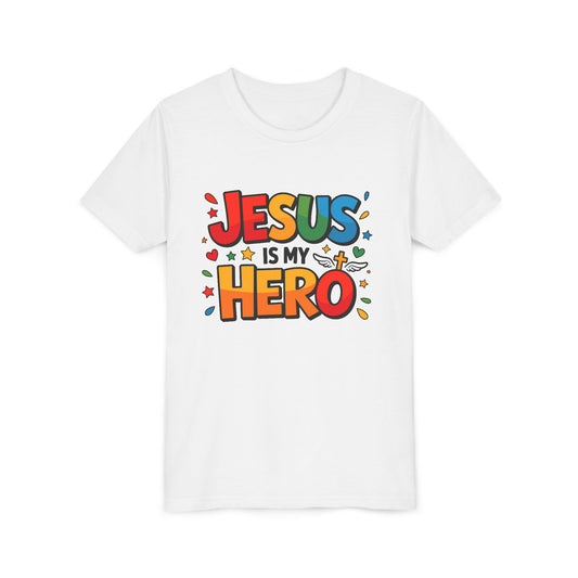Youth Tee — "Jesus Is My Hero" Colorful Kids Christian T-Shirt