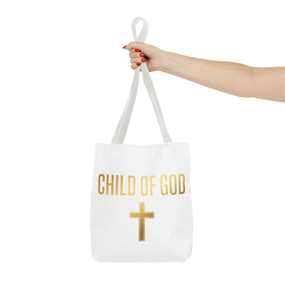 Child of God Tote Bag — Gold Cross Religious Canvas Tote