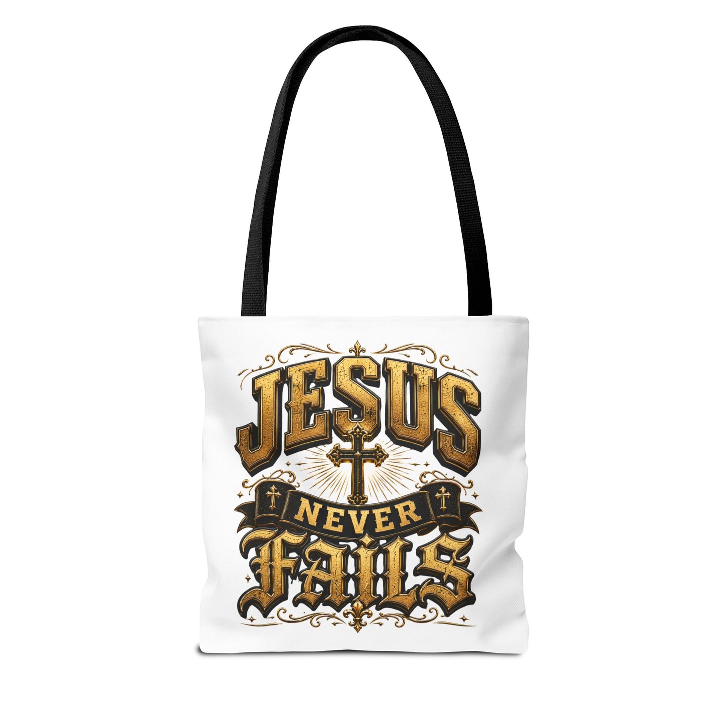 Jesus Never Fails Tote Bag — Christian Faith AOP Canvas Tote