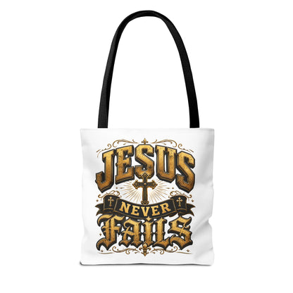 Jesus Never Fails Tote Bag — Christian Faith AOP Canvas Tote