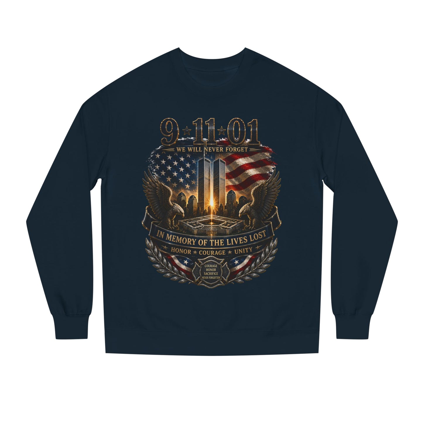 9/11 Memorial Sweatshirt - ‘We Will Never Forget’ Tribute Crewneck with Twin Towers & Flag