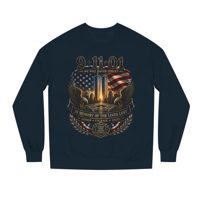 9/11 Memorial Sweatshirt - ‘We Will Never Forget’ Tribute Crewneck with Twin Towers & Flag