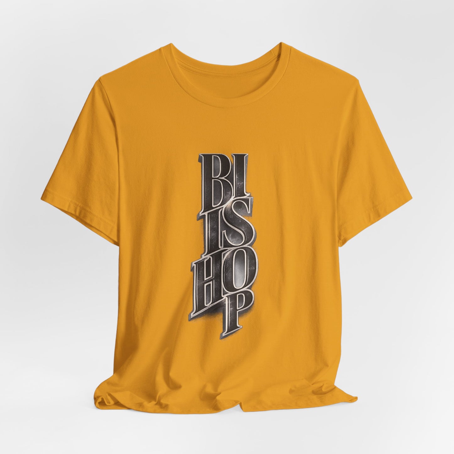 Bishop Vertical Script Tee — Vintage Gothic Lettering T-Shirt