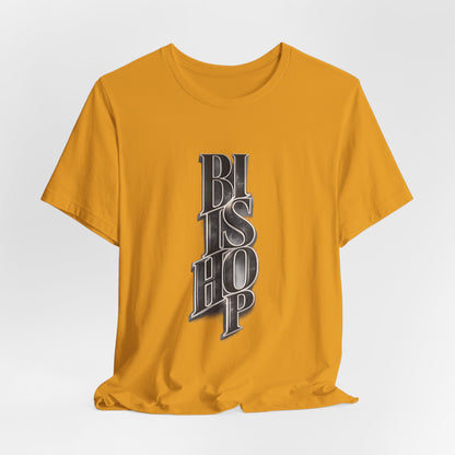 Bishop Vertical Script Tee — Vintage Gothic Lettering T-Shirt