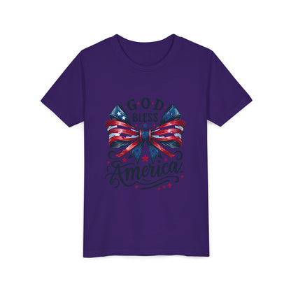Youth Tee — "God Bless America" Patriotic Bow T-Shirt (4th of July, Memorial Day)