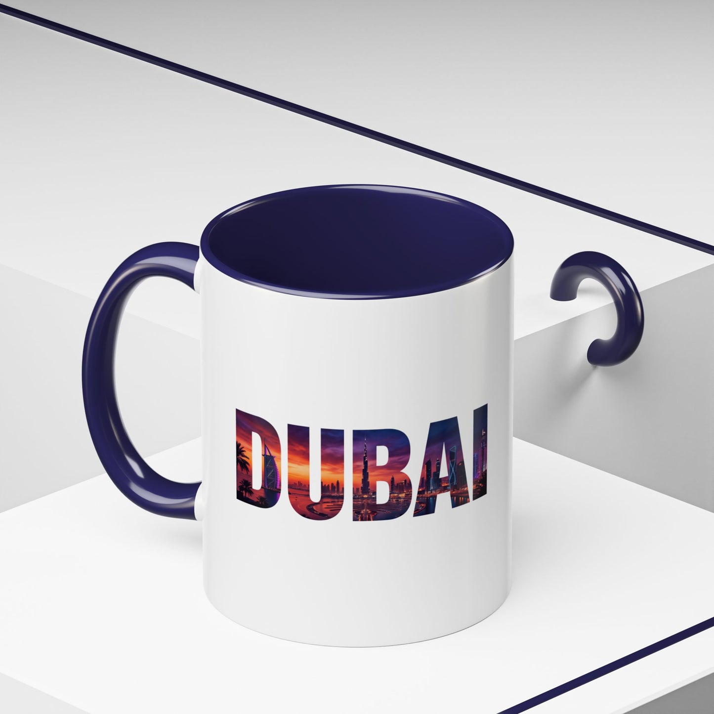 Dubai Skyline Accent Coffee Mug — Sunset City Photo Text (11/15oz)