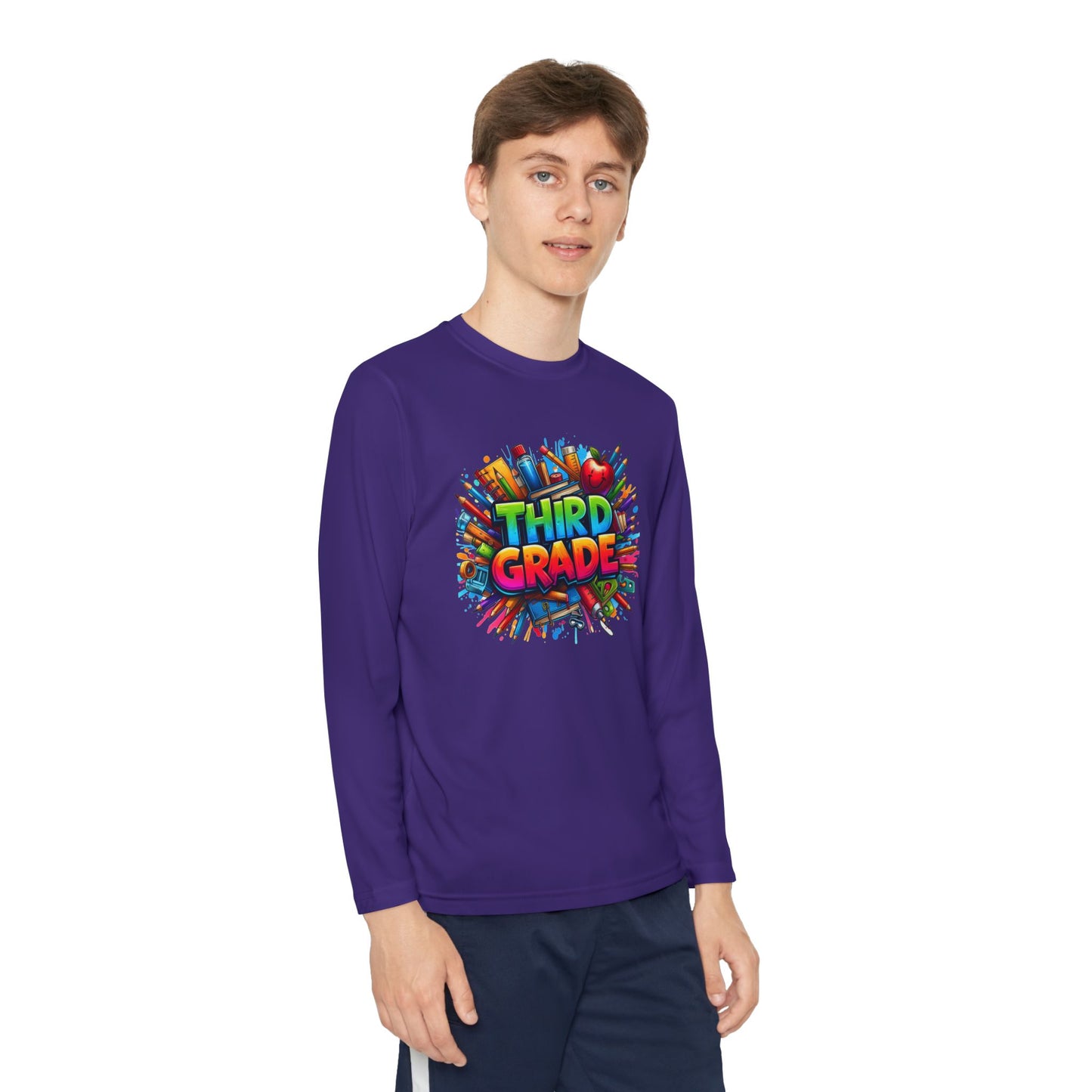 Third Grade Youth Long Sleeve Tee — Colorful School Supplies Design