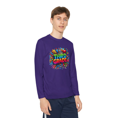 Third Grade Youth Long Sleeve Tee — Colorful School Supplies Design
