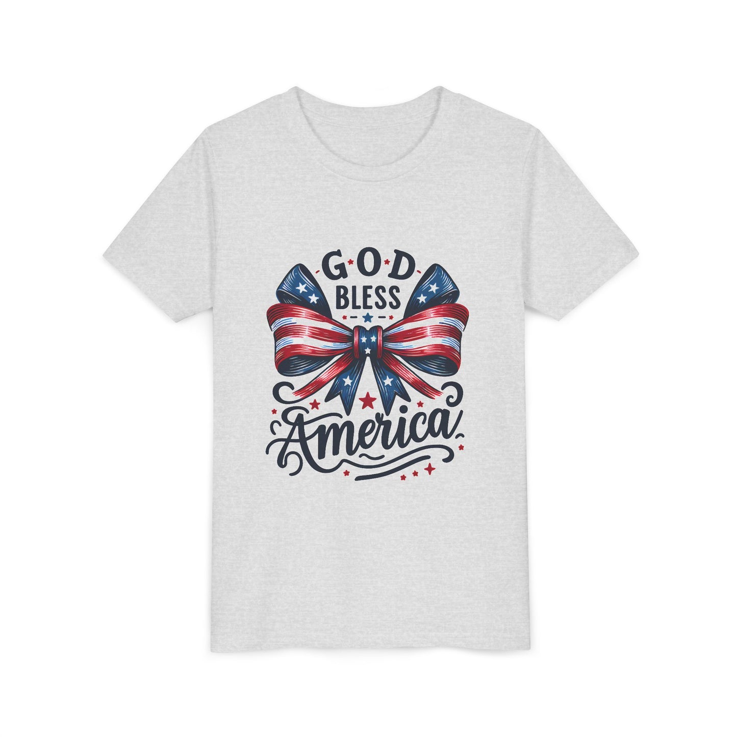 Youth Tee — "God Bless America" Patriotic Bow T-Shirt (4th of July, Memorial Day)