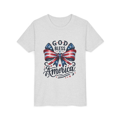 Youth Tee — "God Bless America" Patriotic Bow T-Shirt (4th of July, Memorial Day)