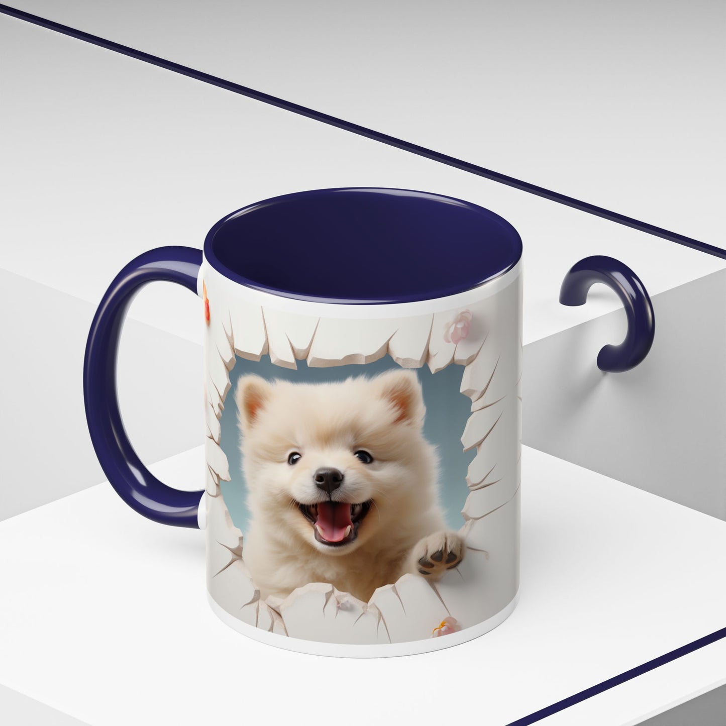 Pomeranian Peek Accent Coffee Mug — Cute Puppy Breakthrough Design (11/15 oz)