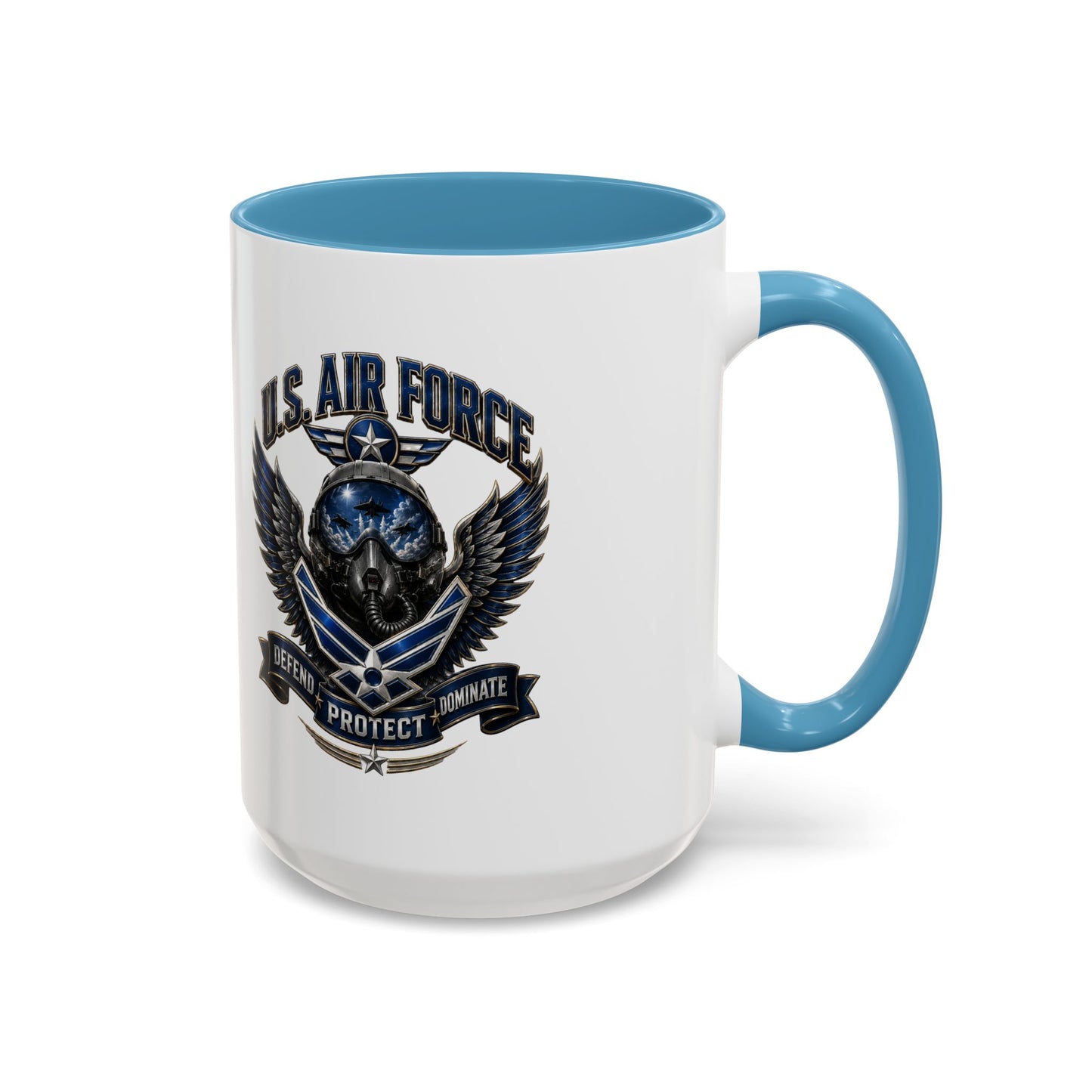 U.S. Air Force Emblem Accent Coffee Mug — Defend Protect Dominate (11/15oz)
