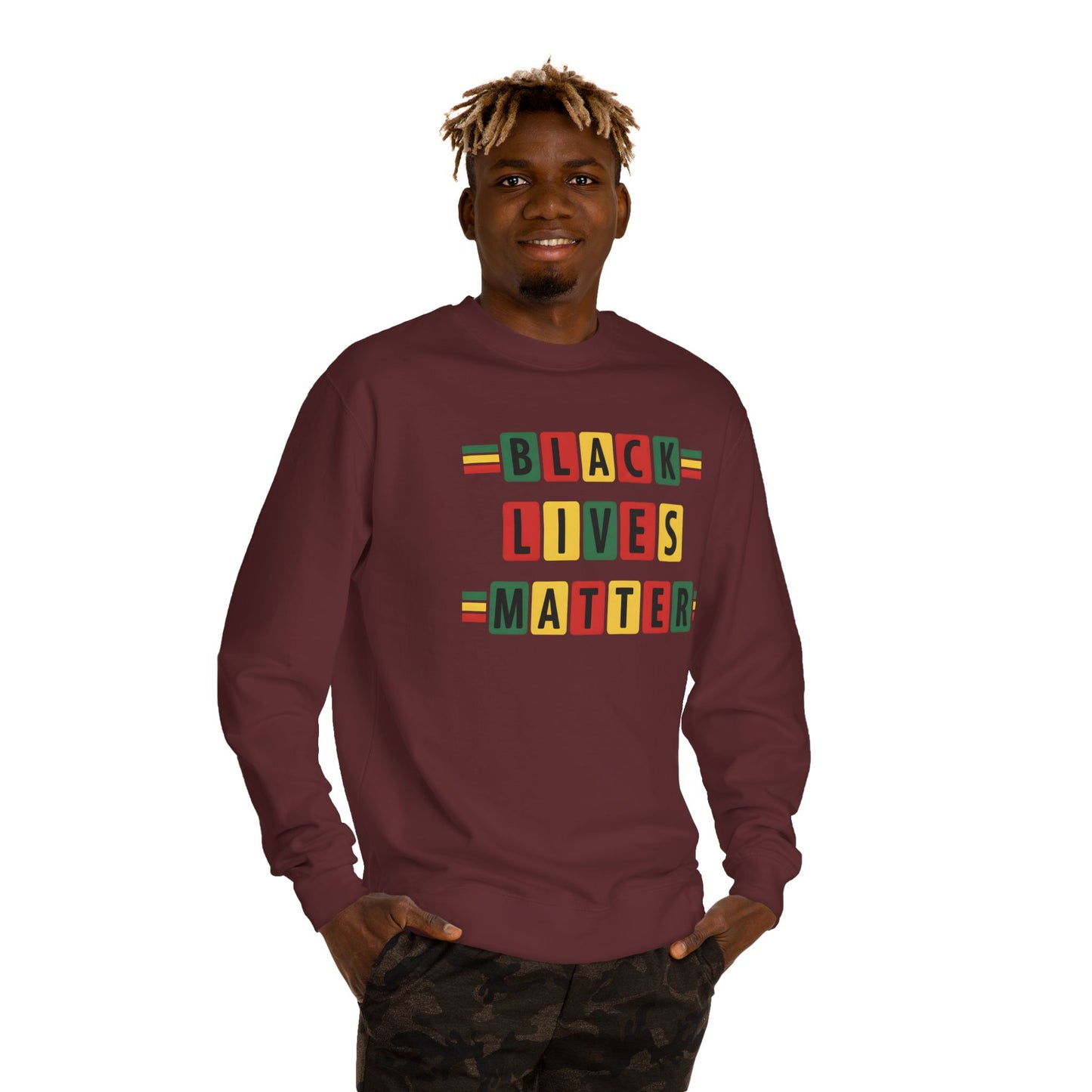 Black Lives Matter Crewneck Sweatshirt — Pan-African Block Letter Design