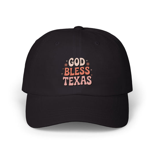 God Bless Texas Dad Cap — Retro Script Embroidered Baseball Hat