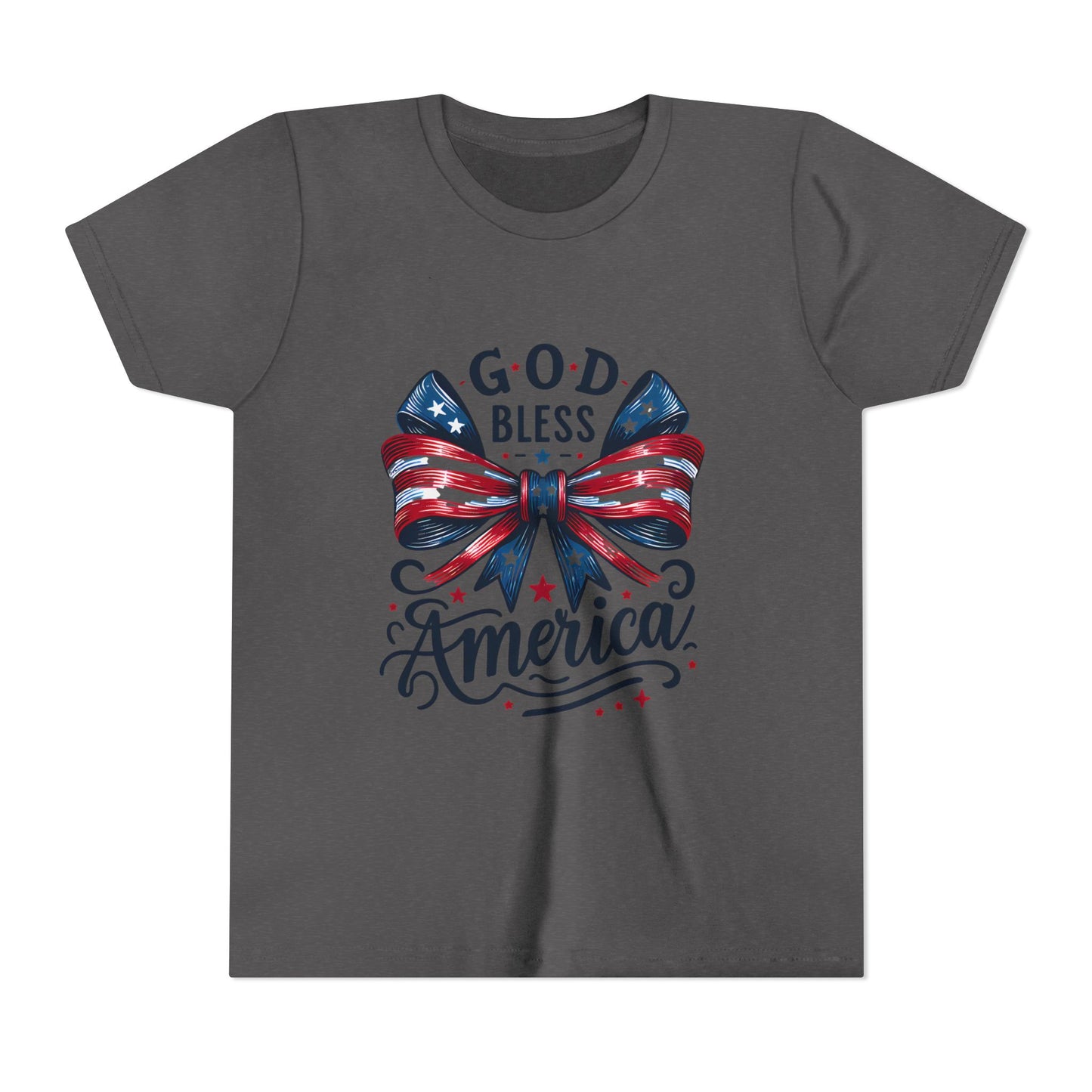 Youth Tee — "God Bless America" Patriotic Bow T-Shirt (4th of July, Memorial Day)