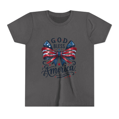 Youth Tee — "God Bless America" Patriotic Bow T-Shirt (4th of July, Memorial Day)