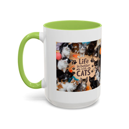 Cat Lover Accent Coffee Mug — “Life Is Better With Cats” 11/15oz