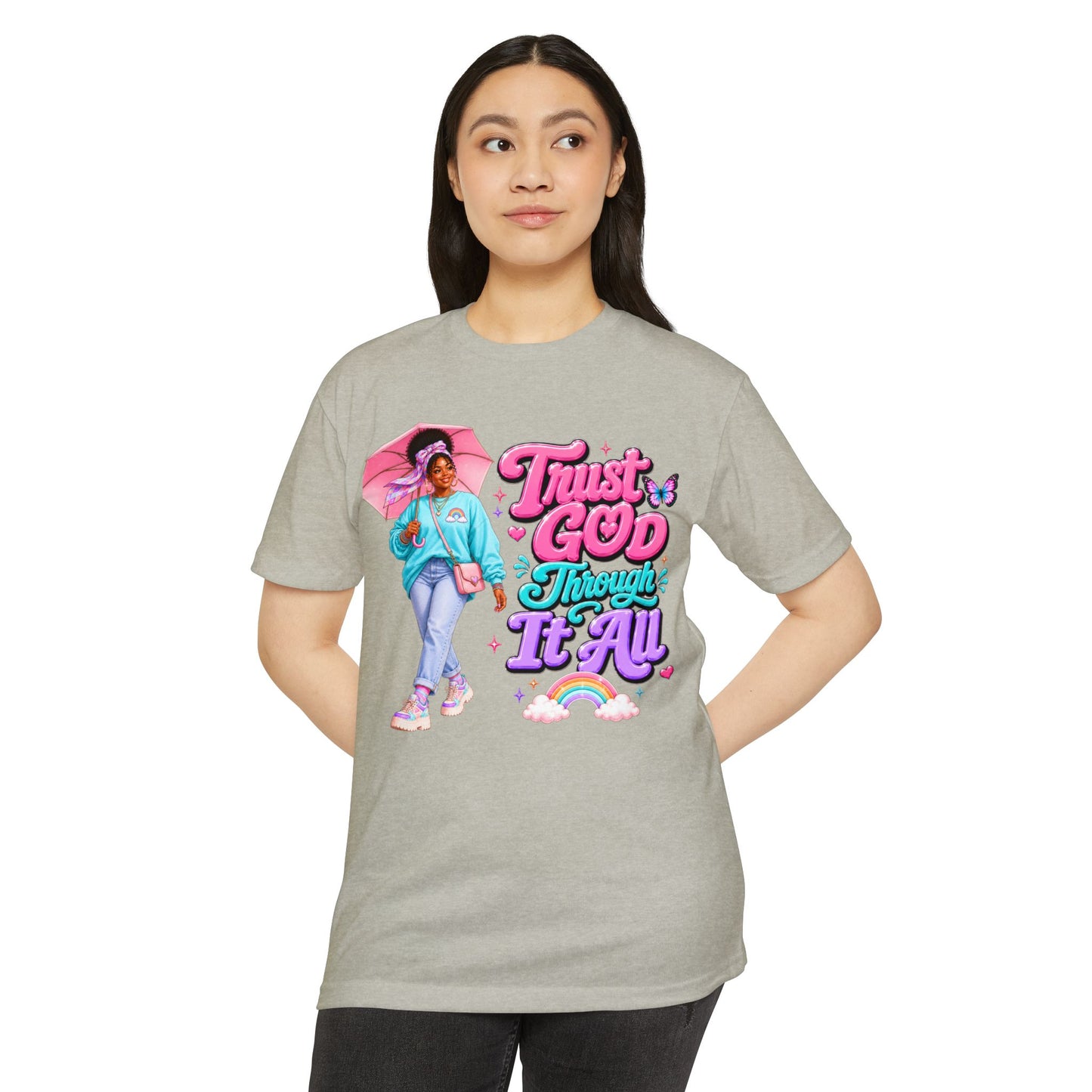 Trust God Through It All T-Shirt — Inspirational Faith Tee with Colorful Girl Illustration