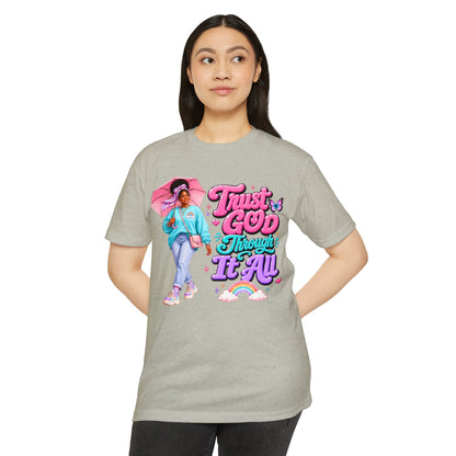 Trust God Through It All T-Shirt — Inspirational Faith Tee with Colorful Girl Illustration