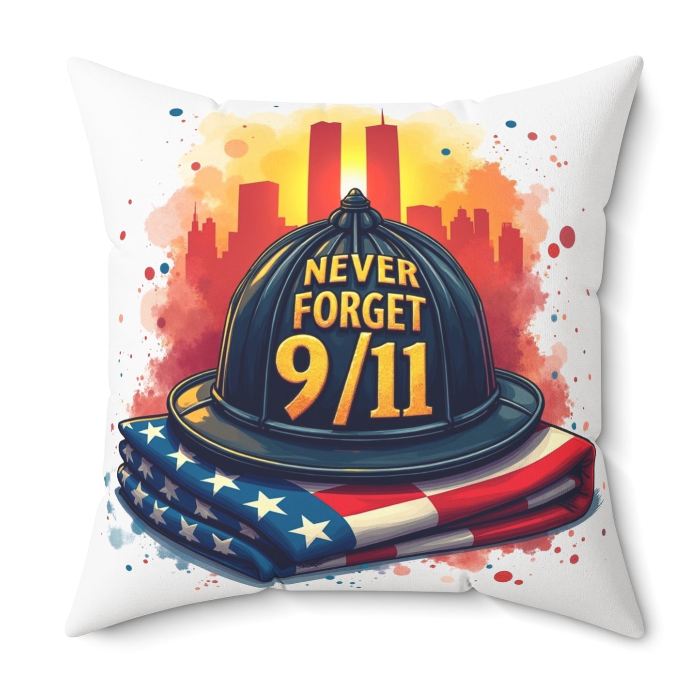 Never Forget 9/11 Memorial Throw Pillow — Firefighter Helmet & American Flag