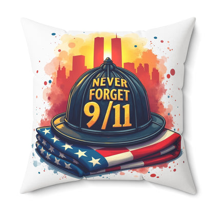 Never Forget 9/11 Memorial Throw Pillow — Firefighter Helmet & American Flag