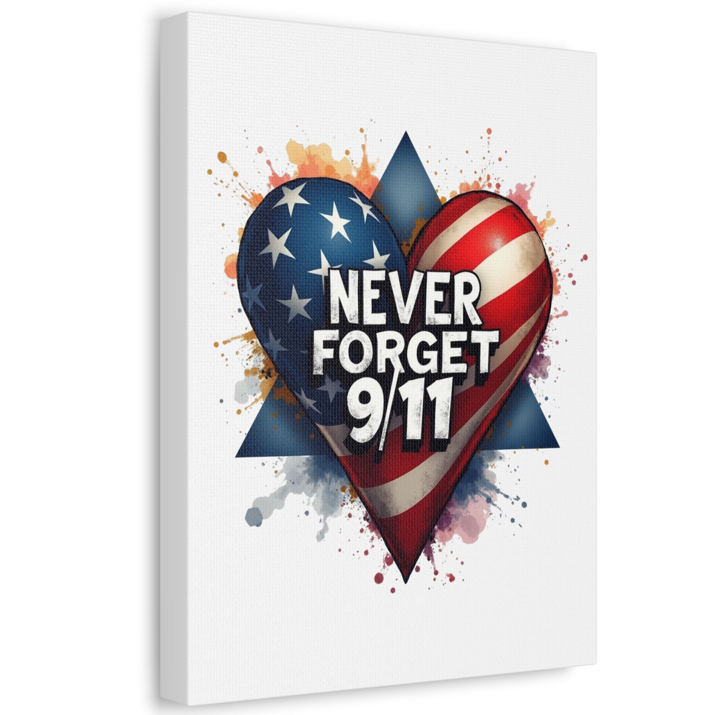 Never Forget 9/11 American Flag Heart Stretched Canvas