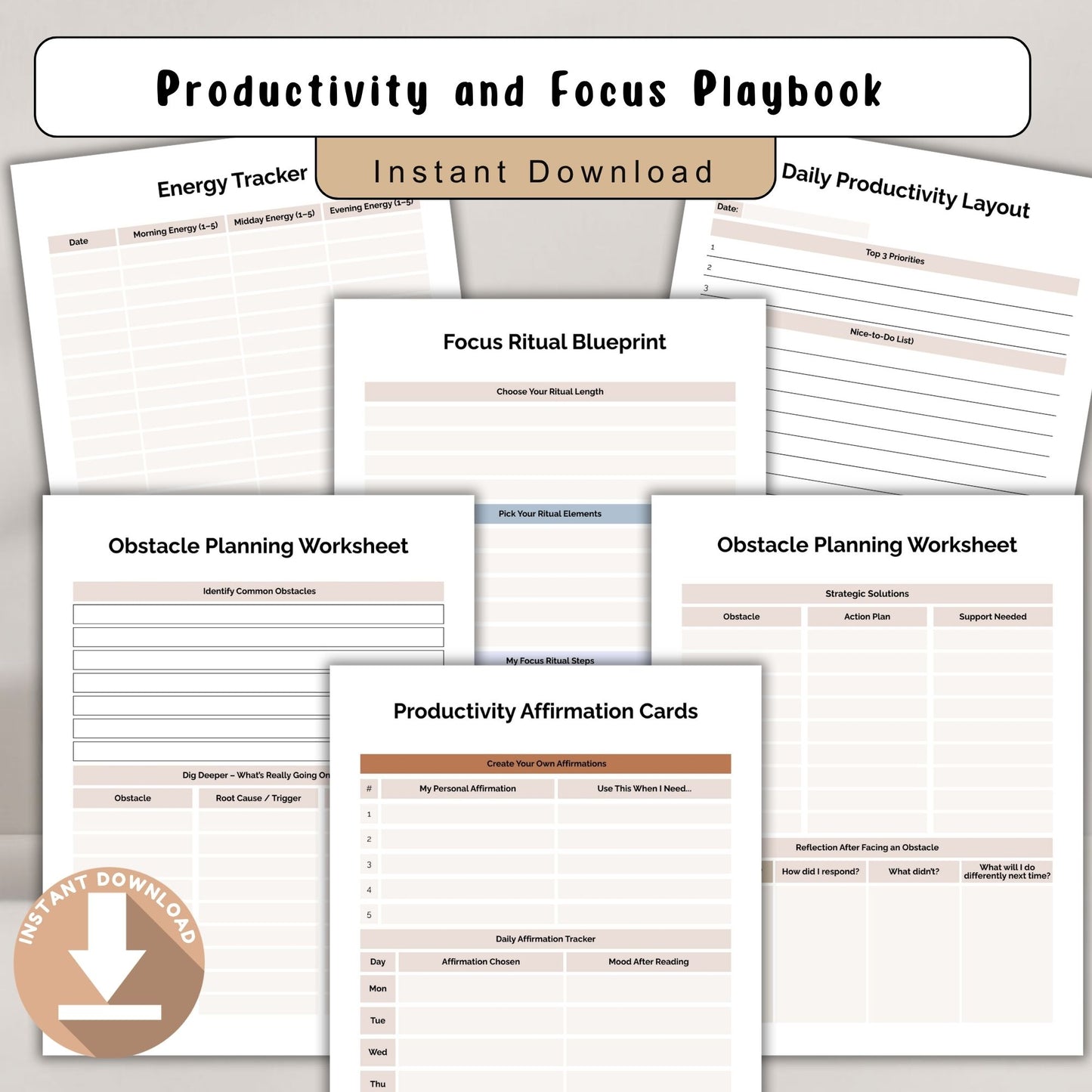 Productivity & Focus Playbook Printable | Time Management & Deep Work Planner