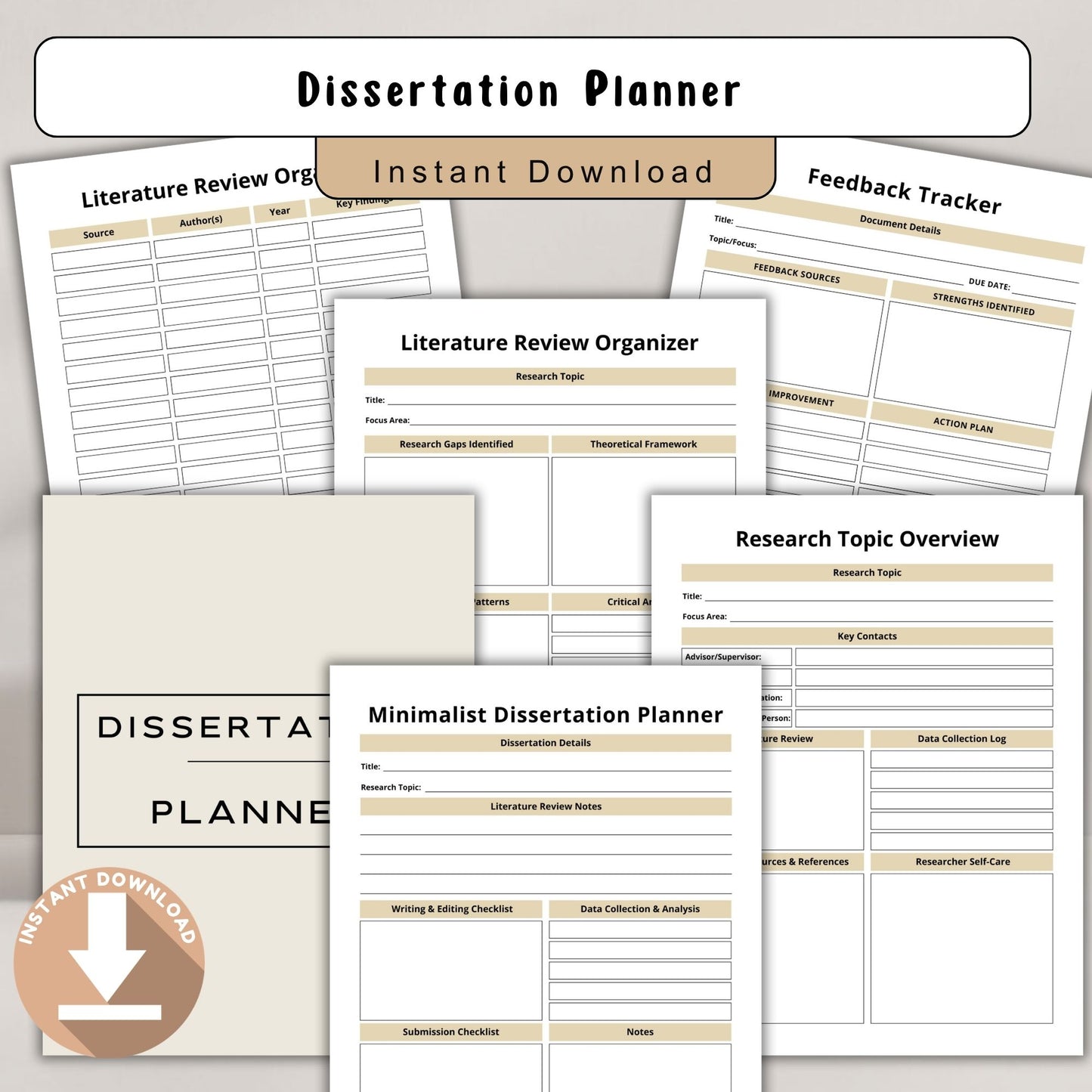 Dissertation Planner | Thesis & Research Planner | PhD Writing Planner | Academic Project Organizer PDF