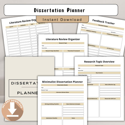 Dissertation Planner | Thesis & Research Planner | PhD Writing Planner | Academic Project Organizer PDF
