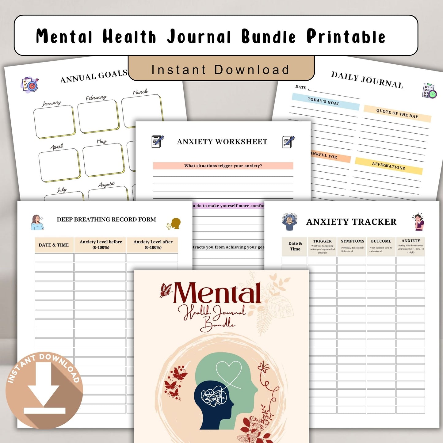 Mental Health Journal Bundle Printable | Self Care & Wellness Planner | Therapy Journal | Mindfulness & Mood Tracker