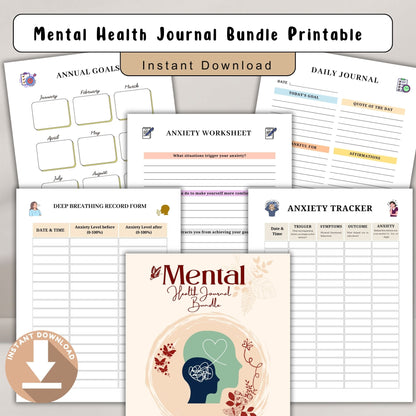 Mental Health Journal Bundle Printable | Self Care & Wellness Planner | Therapy Journal | Mindfulness & Mood Tracker