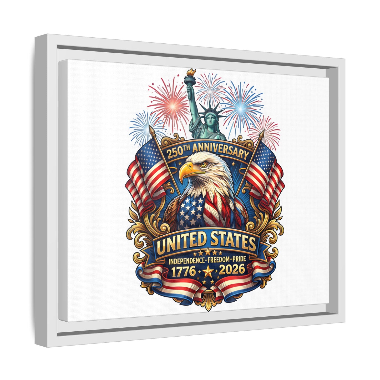 United States 250th Anniversary Framed Canvas — "1776-2026" Patriotic Eagle & Statue of Liberty Print