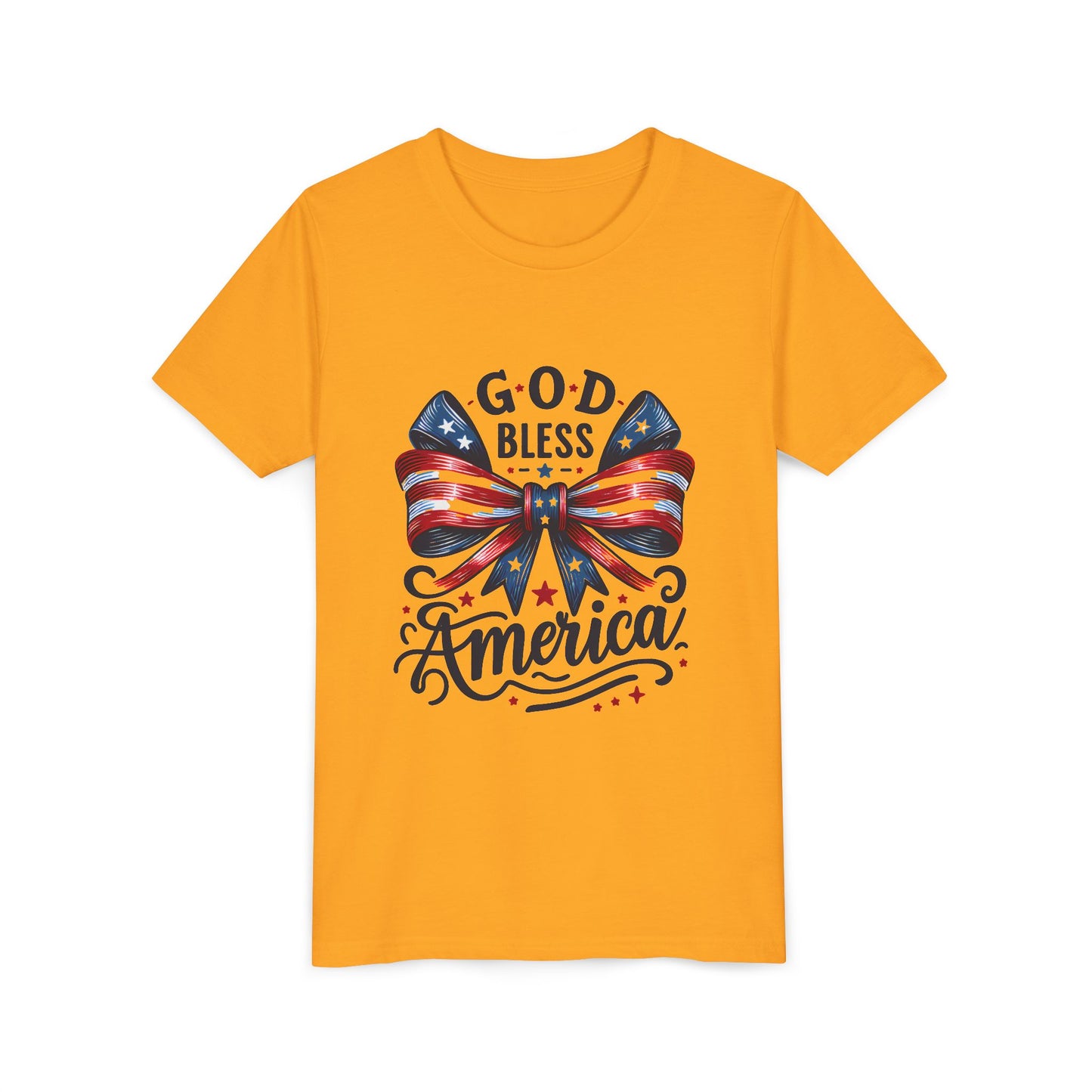 Youth Tee — "God Bless America" Patriotic Bow T-Shirt (4th of July, Memorial Day)