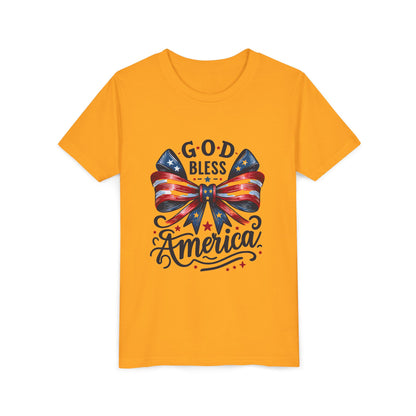 Youth Tee — "God Bless America" Patriotic Bow T-Shirt (4th of July, Memorial Day)