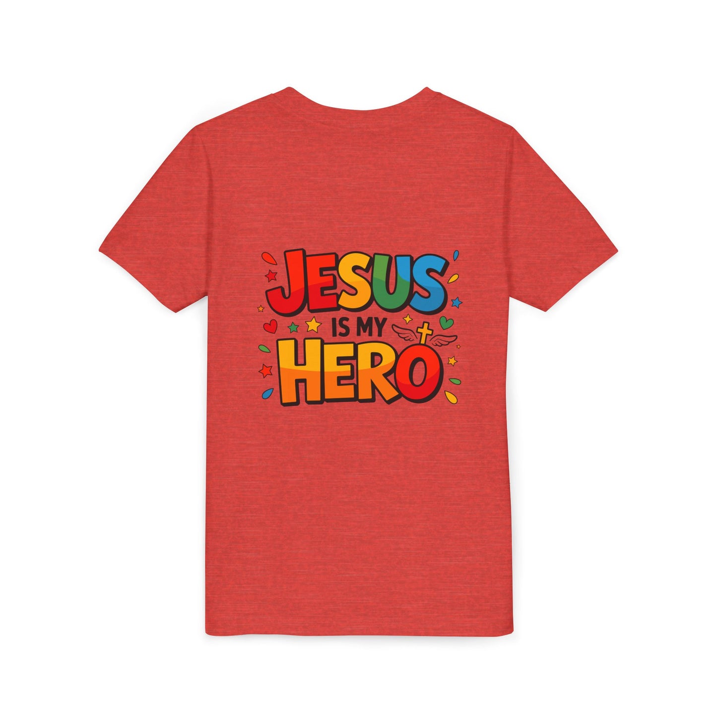 Youth Tee — "Jesus Is My Hero" Colorful Kids Christian T-Shirt