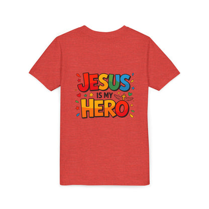 Youth Tee — "Jesus Is My Hero" Colorful Kids Christian T-Shirt