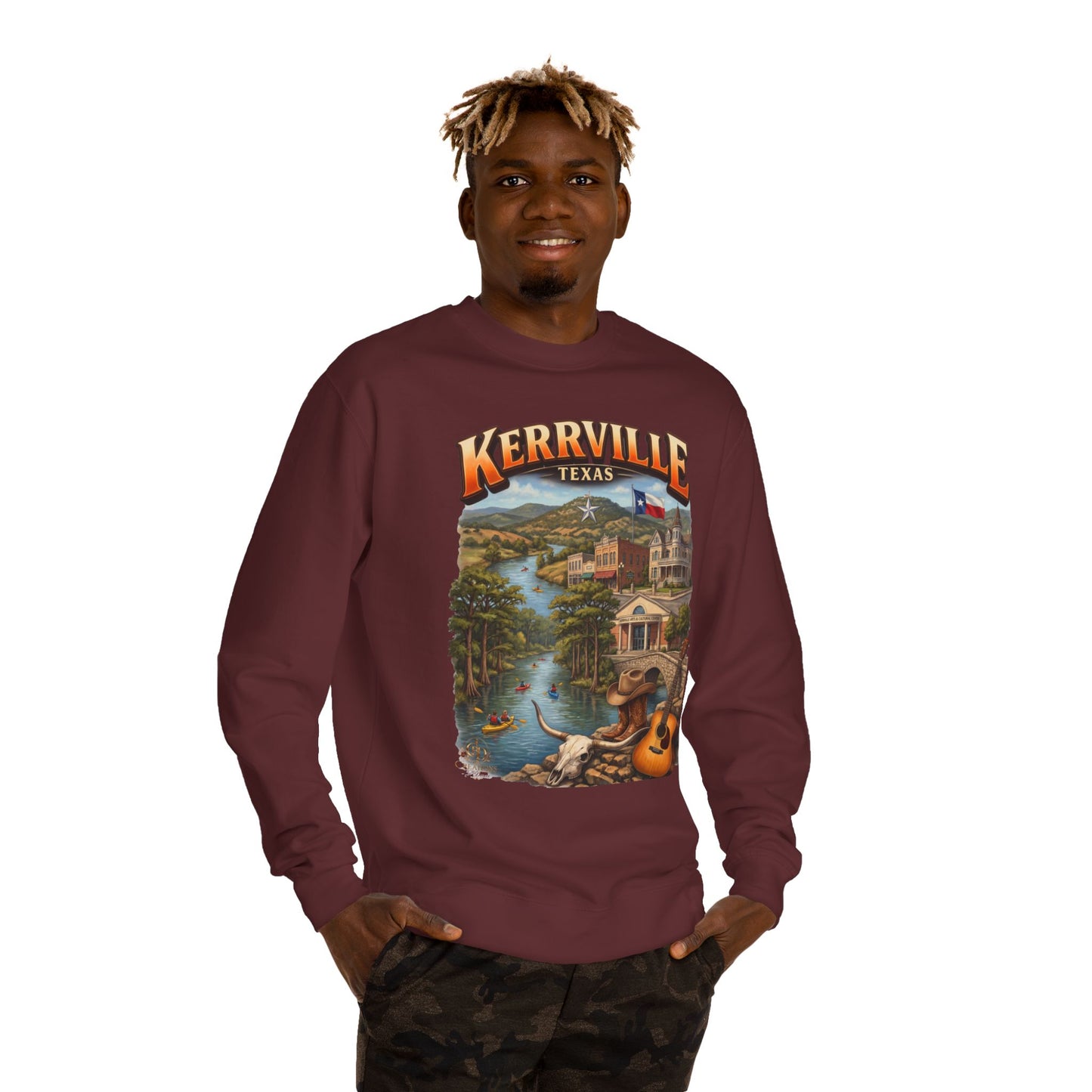 Kerrville Texas Scenic Crewneck Sweatshirt — Riverfront Guitar Vintage Design
