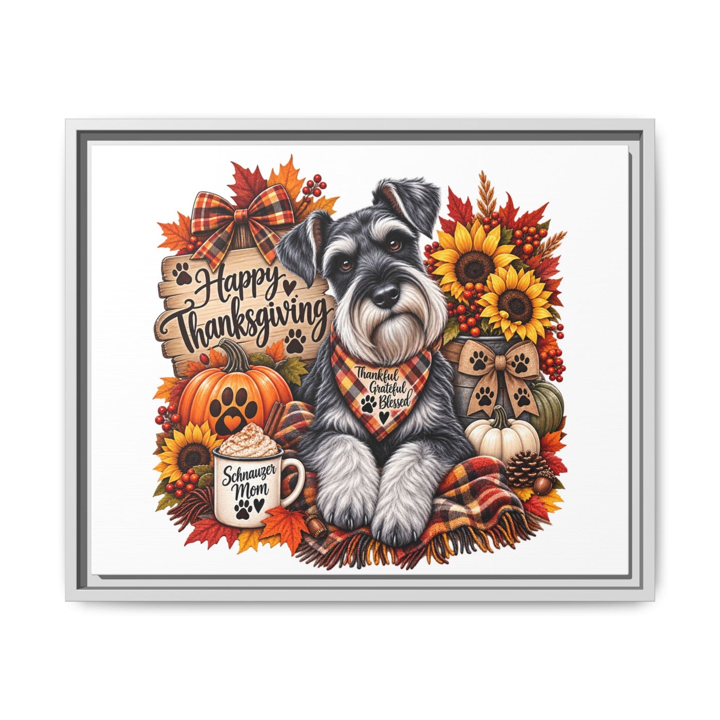 Happy Thanksgiving Schnauzer Framed Canvas — Autumn Dog Wall Art