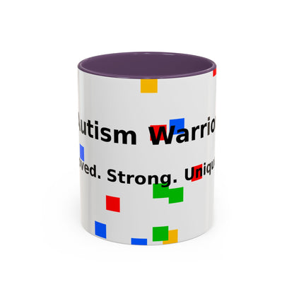 Autism Warrior Accent Coffee Mug – Bold Puzzle Pieces, Proud. Strong. Unique. (11/15oz)