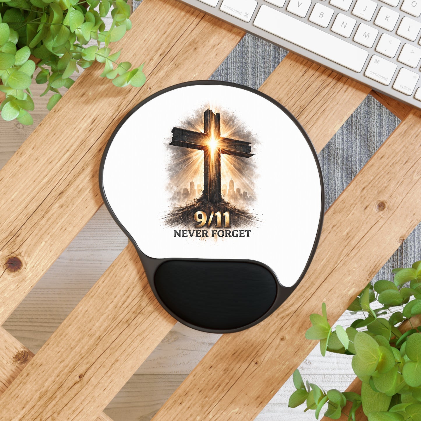 9/11 Never Forget Cross Mouse Pad with Wrist Rest — Memorial Computer Accessory
