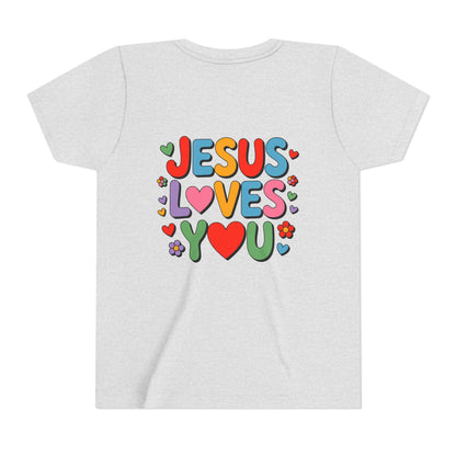 Youth Tee - "Jesus Loves You" Colorful Heart & Flower Christian Shirt