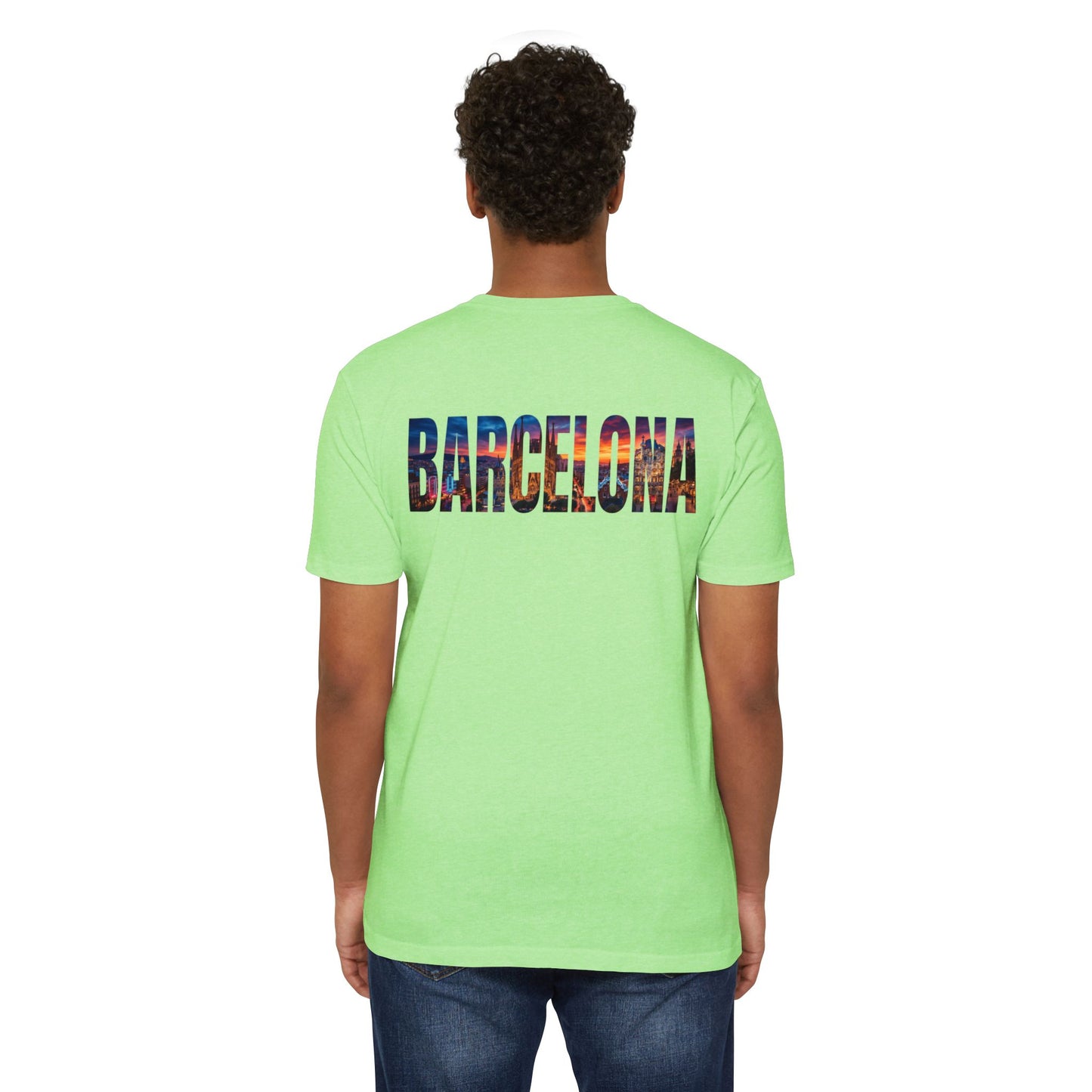Barcelona Cityscape T‑Shirt — Scenic Sunset Lettering Travel Tee
