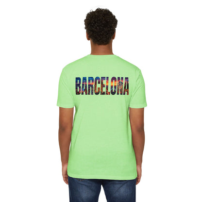 Barcelona Cityscape T‑Shirt — Scenic Sunset Lettering Travel Tee