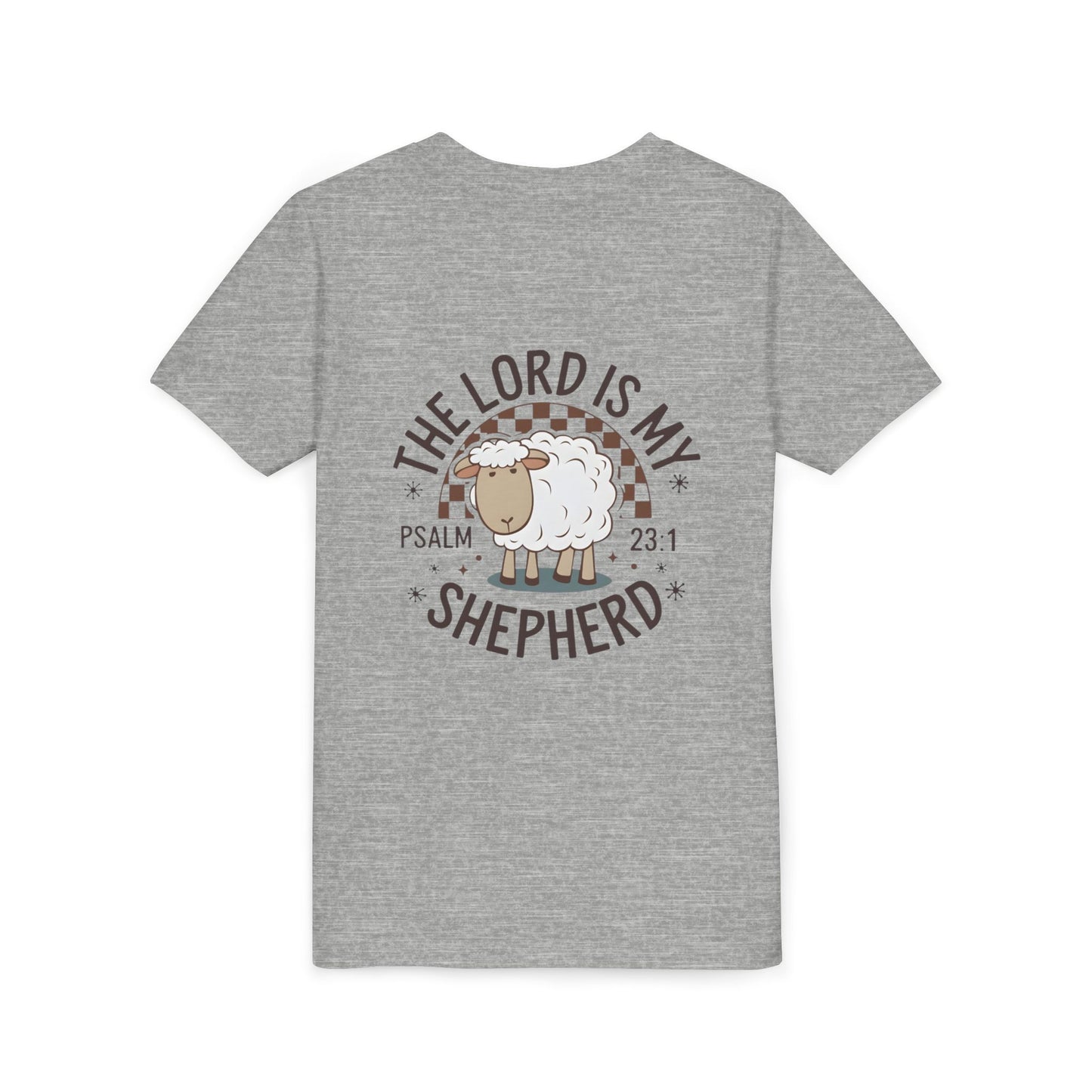 Youth Tee — "The Lord Is My Shepherd" Psalm 23:1 Christian Kids T‑Shirt (Sheep Design)